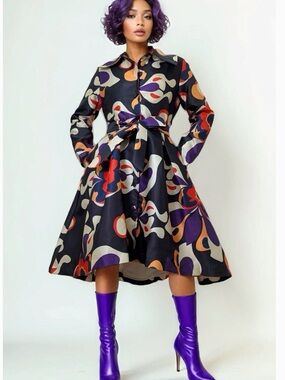 Black Abstract Print Fit-and-Flare Shirt Dress with Tie Waist